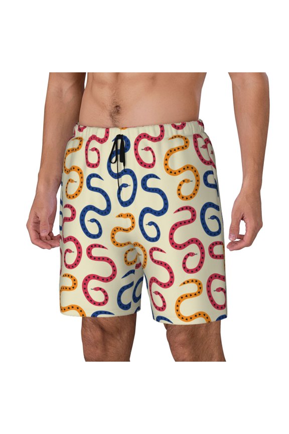 Snake Print Men Swim Trunks with Compression Liner ,Board Shorts,Men's Swim Shorts with Drawstring and Elastic Waistband-Medium