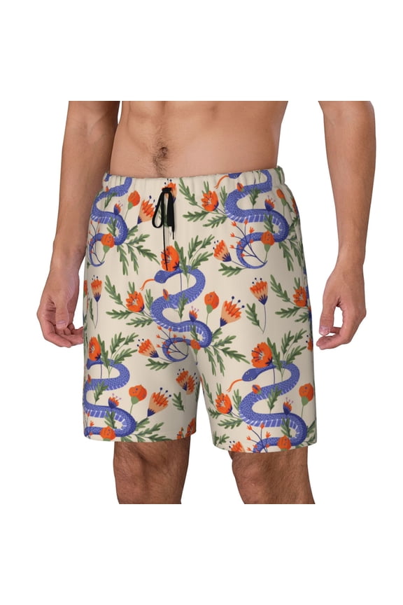 Snake Print Men Swim Trunks with Compression Liner ,Board Shorts,Men's Swim Shorts with Drawstring and Elastic Waistband-Small