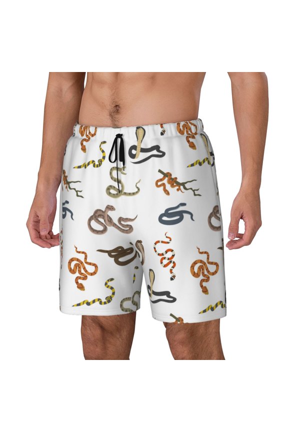 Snake Print Men Swim Trunks with Compression Liner ,Board Shorts,Men's Swim Shorts with Drawstring and Elastic Waistband-Small