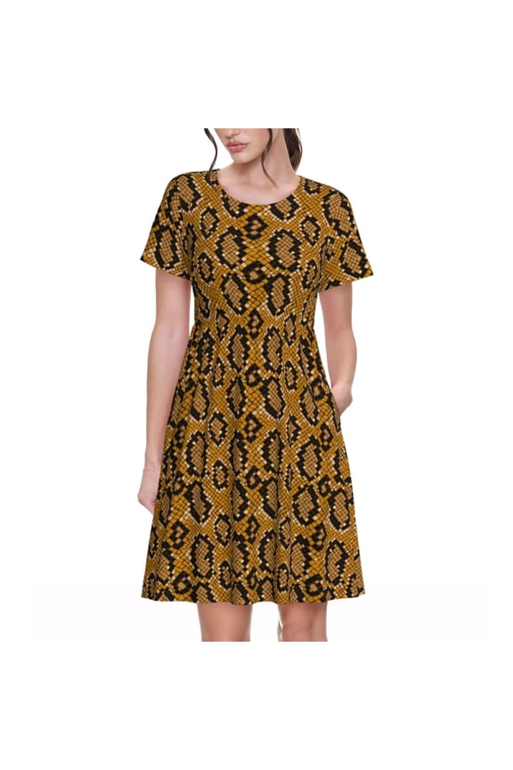 Snake Skin Print Womens Summer A-Line Dress with Pockets,Short Sleeve Dresses,Flowy Beach Swing Dress for Vacation Travel