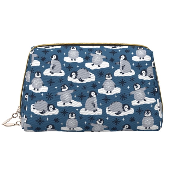 Naloa Snow Penguin Leather Makeup Bag for Purse Travel, Portable Small Cosmetic Organizer for Women and Girls, Make up Bag with Zipper