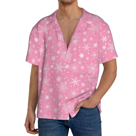 Naloa Snowflake pink backgrounds Men's Loose Fit Cuban Collar Short-Sleeve Shirt, Hawaiian Shirts, Mens Shirts Casual for Everyday Wear Outings-4X-Large