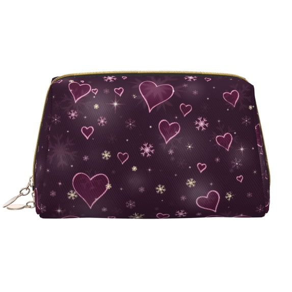Naloa Snowflakes and Hearts Leather Makeup Bag for Purse Travel, Portable Small Cosmetic Organizer for Women and Girls, Make up Bag with Zipper