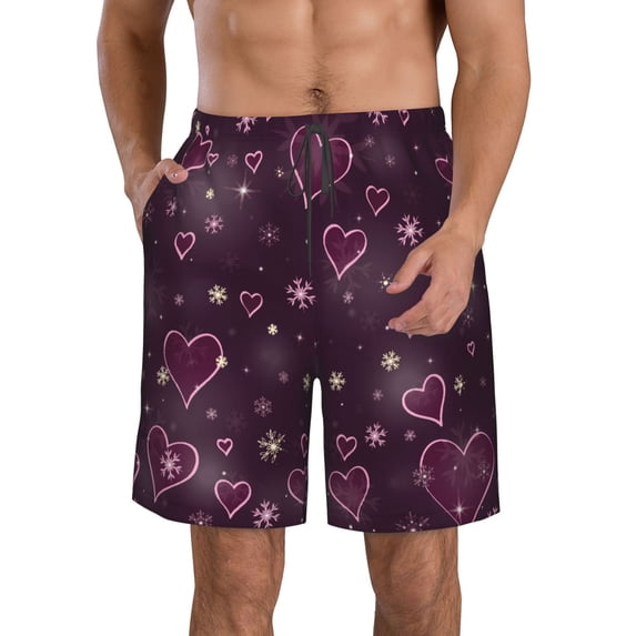 Naloa Snowflakes and Hearts Men's Beach Shorts, Surfing shorts, Swim trunks, Quick Dry Swim Trunks for Surfing Beach Fun - Large