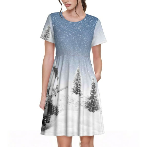 Naloa Snowman And Christmas Tree Print Womens Summer A-Line Dress with Pockets,Short Sleeve Dresses,Flowy Beach Swing Dress for Vacation Travel