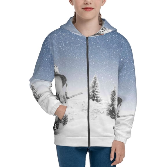 Naloa Snowman And Christmas Tree Teenage Zipper Hoodie, Long Sleeve Zip Up Hoodies Casual Jackets Tops for 7-12 Years-Medium