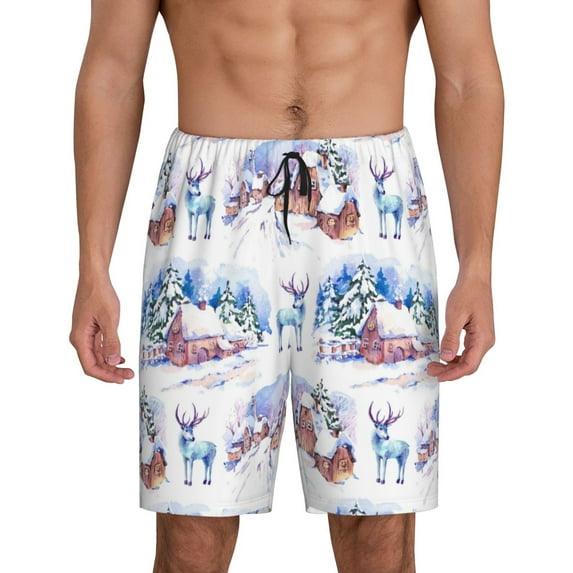 Naloa Snowy Cottage Holiday Scene Men's Short Pajama Pants, Pj Shorts, Lounge Comfort Shorts-Medium