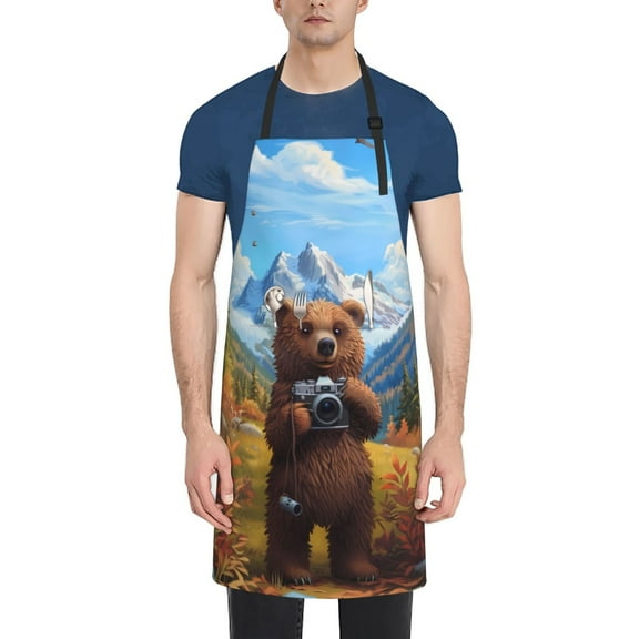 Naloa Snowy Mountain Photography Bear Apron Kitchen Aprons with Pockets for Women Men Chef