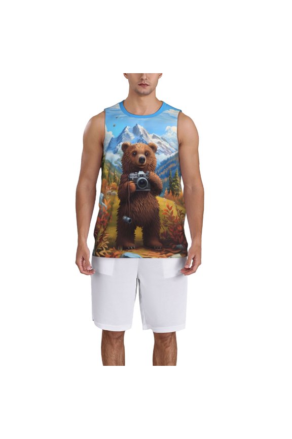 Snowy Mountain Photography Bear Basketball Jersey Reversible Men's Mesh Athletic Sports Shirts Training Practice S-4XLMedium