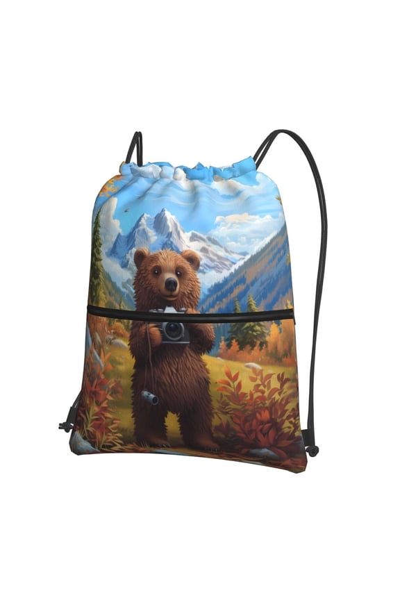 Snowy Mountain Photography Bear Drawstring Backpack String Bag Cinch Water Resistant for Gym Shopping Sport Yoga