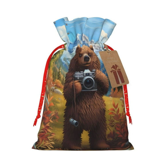 Naloa Snowy Mountain Photography Bear Drawstring Christmas Bags, 3D Xmas Gift Bags, Christmas Wrapping Bags, Xmas Goodie Bags, Treat Pouch Bags, Party Favor Bags-Small