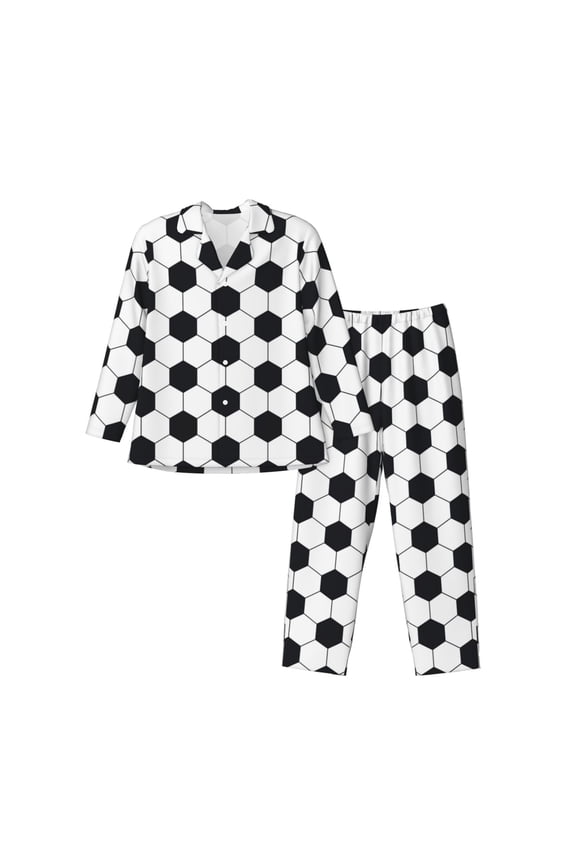 Soccer Ball Men’s Pajamas Set - Long Sleeve Button Down Sleep Shirt and Pajama Bottoms Sleepwear Set-