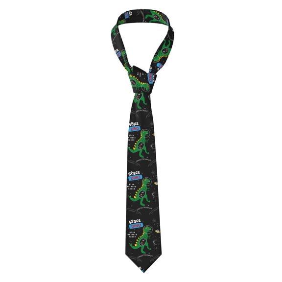Naloa Space Dino Cartoon Black Print Solid Color Tie Formal Necktie for Men，Suitable for business, daily life, work