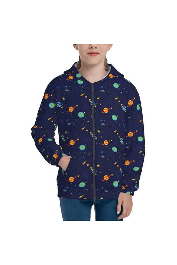 Space Galaxy Teenage Zipper Hoodie, Long Sleeve Zip Up Hoodies Casual Jackets Tops for 7-12 Years-Small
