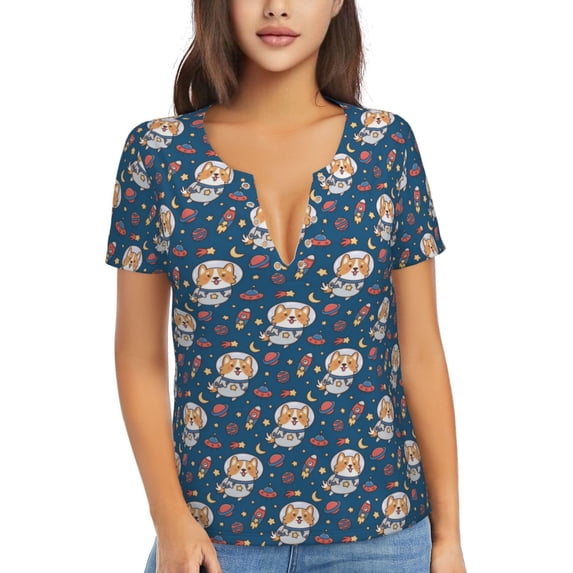 Naloa Space Puppy Print T-Shirts Short Sleeve V Neck Tees for Women Fashion Tops Trendy Lightweight Soft Casual Summer Outfits Clothes