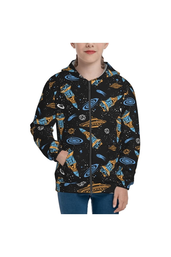 Space Rocket Teenage Zipper Hoodie, Long Sleeve Zip Up Hoodies Casual Jackets Tops for 7-12 Years-Medium