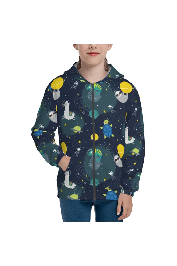 Space and Animals Teenage Zipper Hoodie, Long Sleeve Zip Up Hoodies Casual Jackets Tops for 7-12 Years-Small