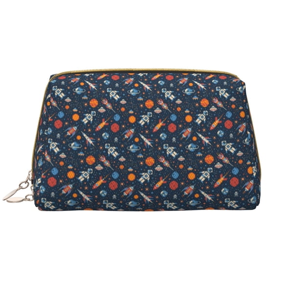 Naloa Spaceships And Stars In Outer Space Leather Makeup Bag for Purse Travel, Portable Small Cosmetic Organizer for Women and Girls, Make up Bag with Zipper
