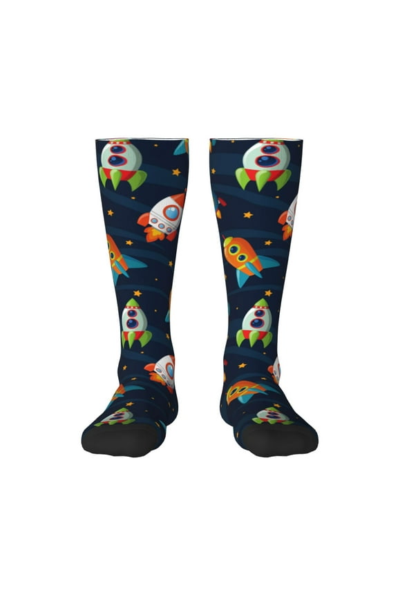 Spaceships and Stars Thigh High Socks Extra Long Stretchy Sock Women Over Knee High Opaque Stocking Daily Wear