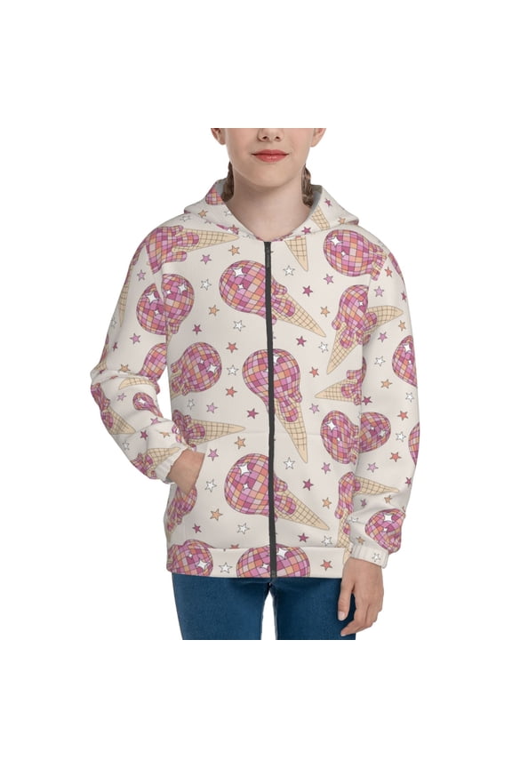 Sparkling Ice Cream Teenage Zipper Hoodie, Long Sleeve Zip Up Hoodies Casual Jackets Tops for 7-12 Years-Medium