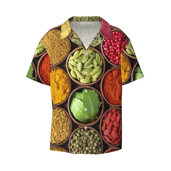Naloa Spices And Herbs Men's Loose Fit Cuban Collar Short-Sleeve Shirt with Button-down and Chest Pocket for Everyday Wear Outings - Small