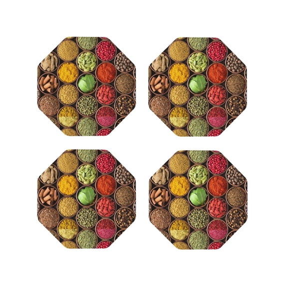 Naloa Spices And Herbs Leather Coasters for Drinks, Durable Drink Coasters 4 Set for Tabletop Protection, Luxurious Home Décor and Housewarming Gift ( {designName})Octagon