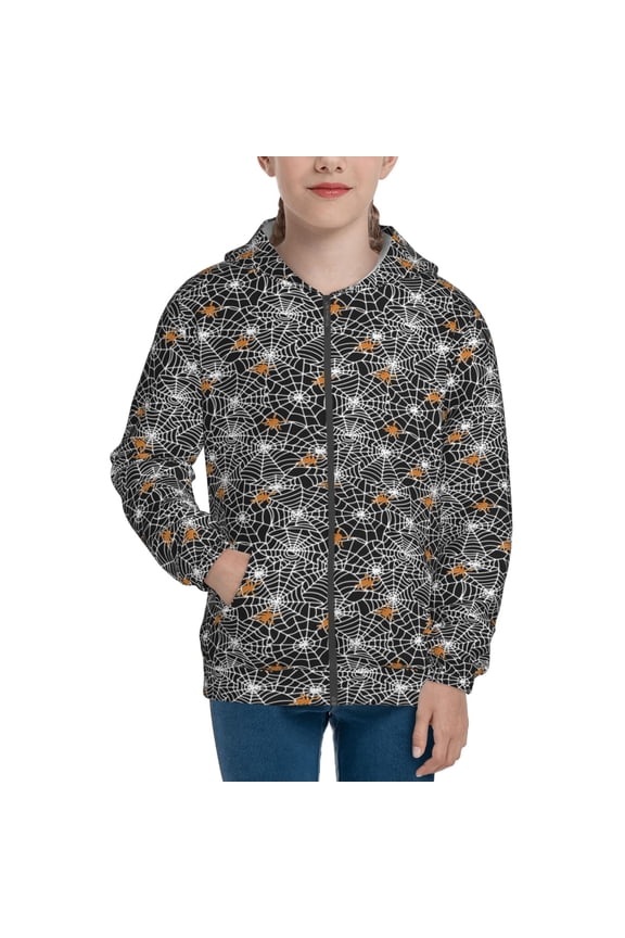 Spider Cobweb Teenage Zipper Hoodie, Long Sleeve Zip Up Hoodies Casual Jackets Tops for 7-12 Years-Medium