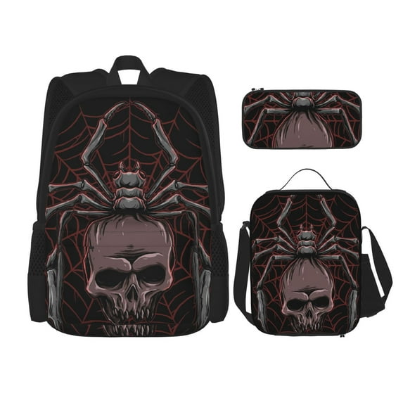 Naloa Spider with Skull Print Large Capacity Backpack Lunch Bag Pencil Case Combination 3 Piece Set for Student