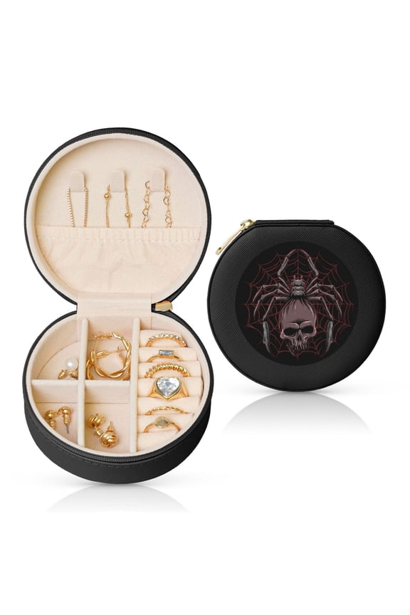 Spider with Skull Round Jewelry Box, Travel Jewelry Organizer, 3.9 x 3.9 x 2in Jewelry Storage Box for Women-Black