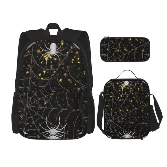Naloa Spiderweb Bats And A Spider Print Large Capacity Backpack Lunch Bag Pencil Case Combination 3 Piece Set for Student