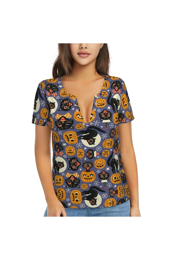 Spooky Cats And Halloween Pumpkins Print T-Shirts Short Sleeve V Neck Tees for Women Fashion Tops Trendy Lightweight Soft Casual Summer Outfits Clothes