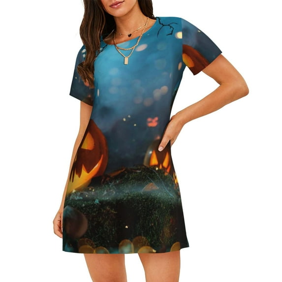 Naloa Spooky Halloween Print Women Nightgowns,Womens Loungewear,Short Sleeve Sleepwear,Comfy Ladies Nightdress