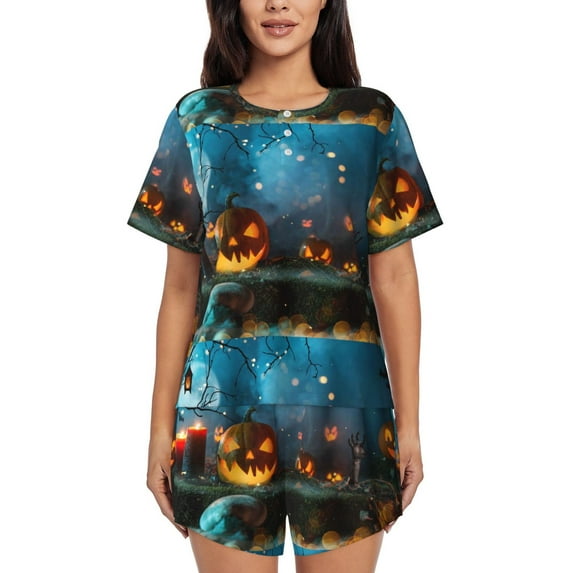 Naloa Spooky Halloween Women's Short-Sleeved Pajama Set, Loungewear, Summer pajamas, Breathable Cozy - Large