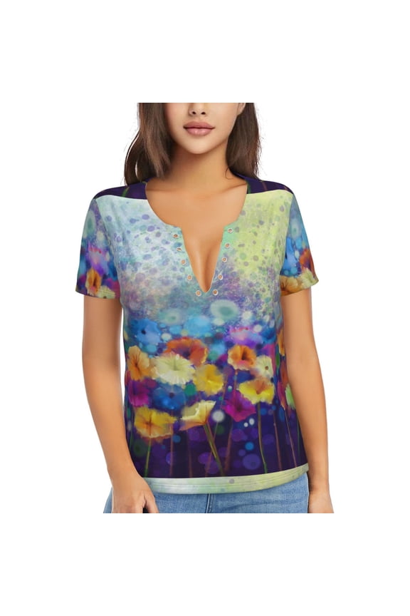 Spring Flower Seasonal Print T-Shirts Short Sleeve V Neck Tees for Women Fashion Tops Trendy Lightweight Soft Casual Summer Outfits Clothes
