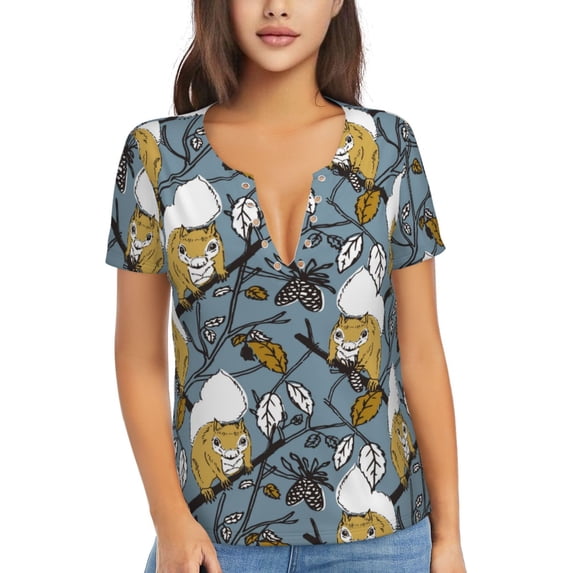 Naloa Squirrel And Leaves Print T-Shirts Short Sleeve V Neck Tees for Women Fashion Tops Trendy Lightweight Soft Casual Summer Outfits Clothes