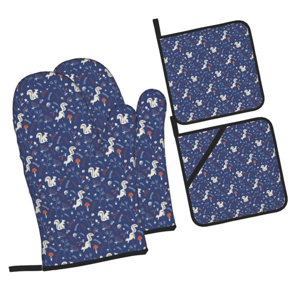 Naloa Squirrel Flower Oven Mitts and Pot Holders 4 pcs Set, Cooking Baking Grilling Kitchen Oven Glove for Cooking
