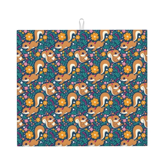 Naloa Squirrel Garden Delight Dish Drying Mat for Kitchen Counter, Heat Resistant Drainer Mats, Absorbent Draining Mat,Dish Rack Pad,16"x18"