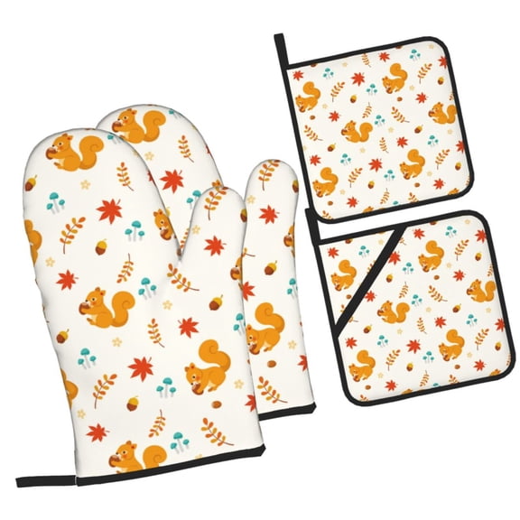 Naloa Squirrel Maple Leaves And Nuts Oven Mitts and Pot Holders 4 pcs Set, Cooking Baking Grilling Kitchen Oven Glove for Cooking