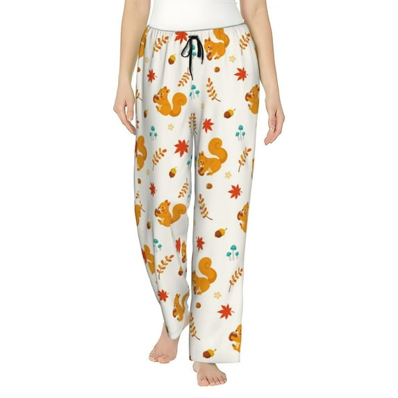 Naloa Squirrel Maple Leaves And Nuts Print Women’s Ultra-Soft Comfy Pajama Lounge Pants with Pockets & Drawstring