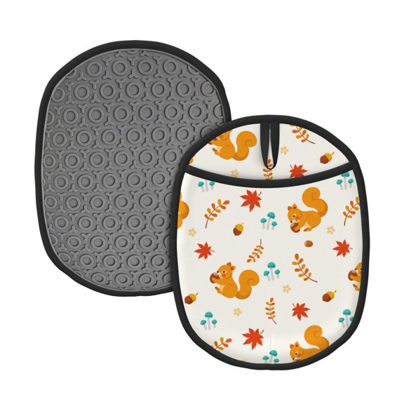 Naloa Squirrel Maple Leaves And Nuts Silicone Pot Holders, Oven Mitts Heat Resistant Hot Pads, Non Slip Pot Holder for Kitchen Baking and Cooking 9.4 x 7.5 Inches