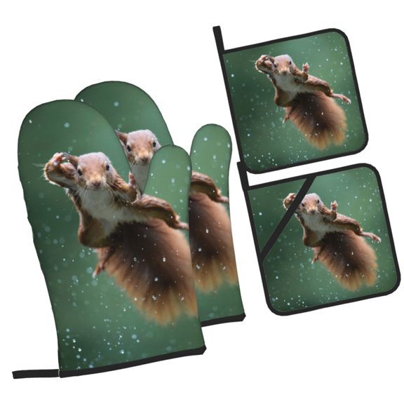 Naloa Squirrel Oven Mitts and Pot Holders 4 pcs Set, Cooking Baking Grilling Kitchen Oven Glove for Cooking