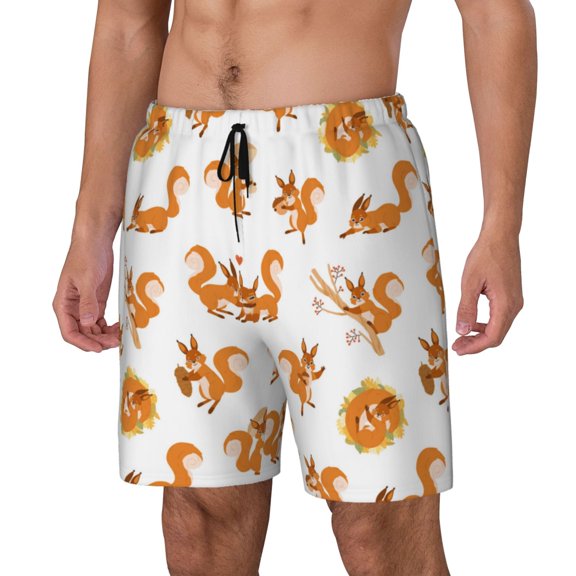 Naloa Squirrel Playing Print Men Swim Trunks with Compression Liner ,Board Shorts,Men's Swim Shorts with Drawstring and Elastic Waistband-XX-Large
