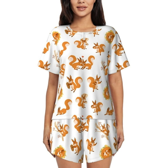 Naloa Squirrel Playing Women's Short-Sleeved Pajama Set, Loungewear, Summer pajamas, Breathable Cozy - Large