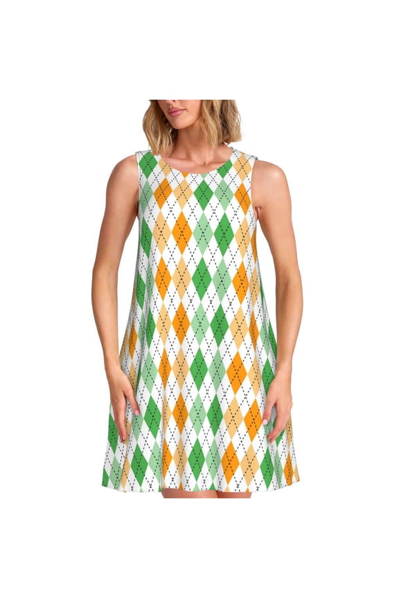 St. Patrick's day argyle Print Women's Summer Spring Casual Beach Sundress,Vacation Sleeveless Tank Crewneck Loose Dresses