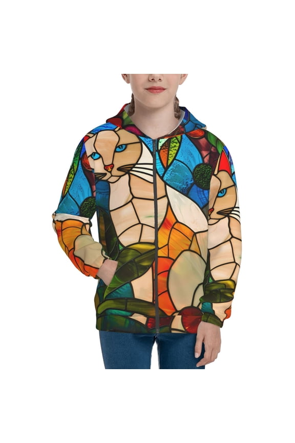 Stained Glass Cat Art Teenage Zipper Hoodie, Long Sleeve Zip Up Hoodies Casual Jackets Tops for 7-12 Years-Small