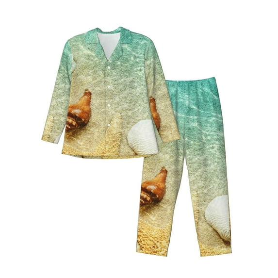 Naloa Starfish And Seashell On The Beach Men’s Pajamas Set - Long Sleeve Button Down Sleep Shirt and Pajama Bottoms Sleepwear Set-X-Large