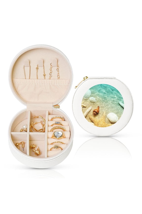 Starfish And Seashell On The Beach Round Jewelry Box, Travel Jewelry Organizer, 3.9 x 3.9 x 2in Jewelry Storage Box for Women-White