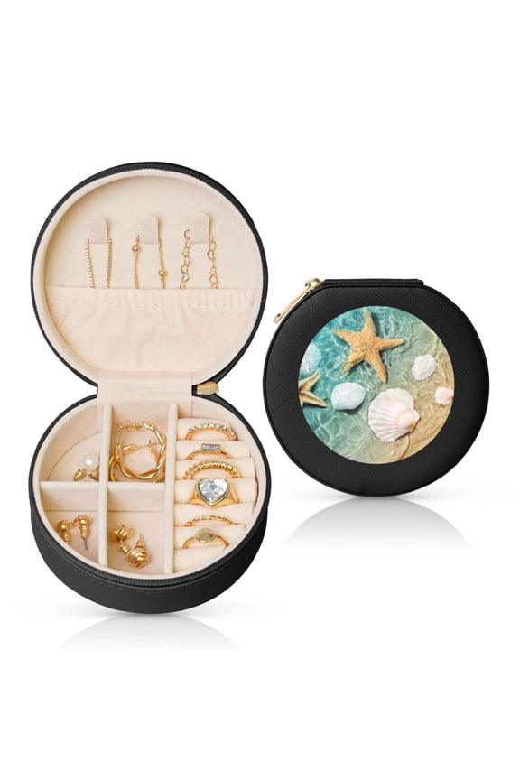 Starfish And Seashell Round Jewelry Box, Travel Jewelry Organizer, 3.9 x 3.9 x 2in Jewelry Storage Box for Women-Black