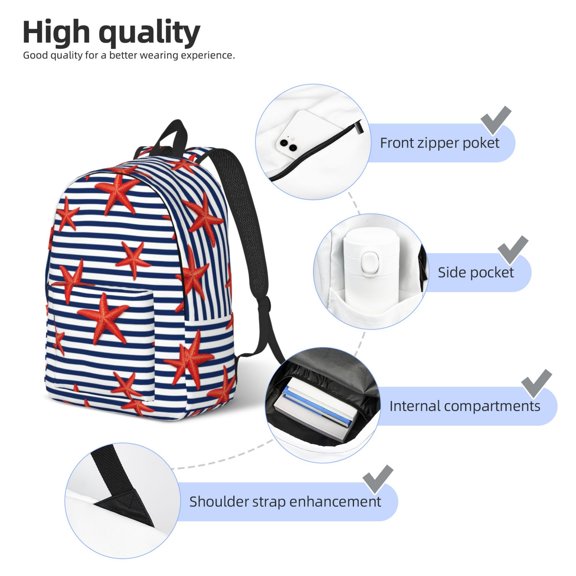 Naloa Starfish Navy Blue Stripe Print Durable Canvas College Rucksack,Laptop Excursion Backpack,Travel Notebook School Backpack,Bookbag For Men Women