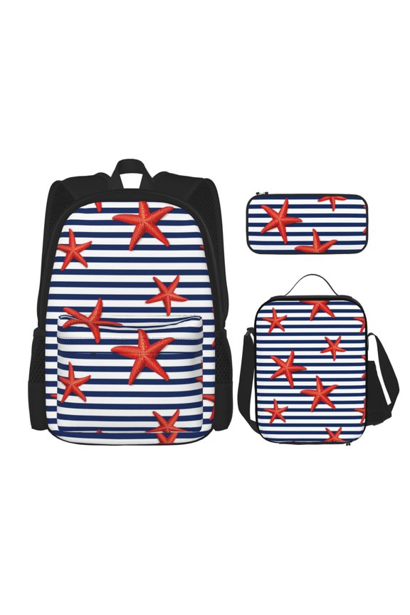 Starfish Navy Blue Stripe Print Large Capacity Backpack Lunch Bag Pencil Case Combination 3 Piece Set for Student